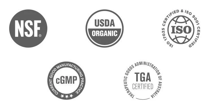Sertifiseringsmerker: NSF, USDA Organic, ISO 17025 og ISO 9001, cGMP og TGA Certified